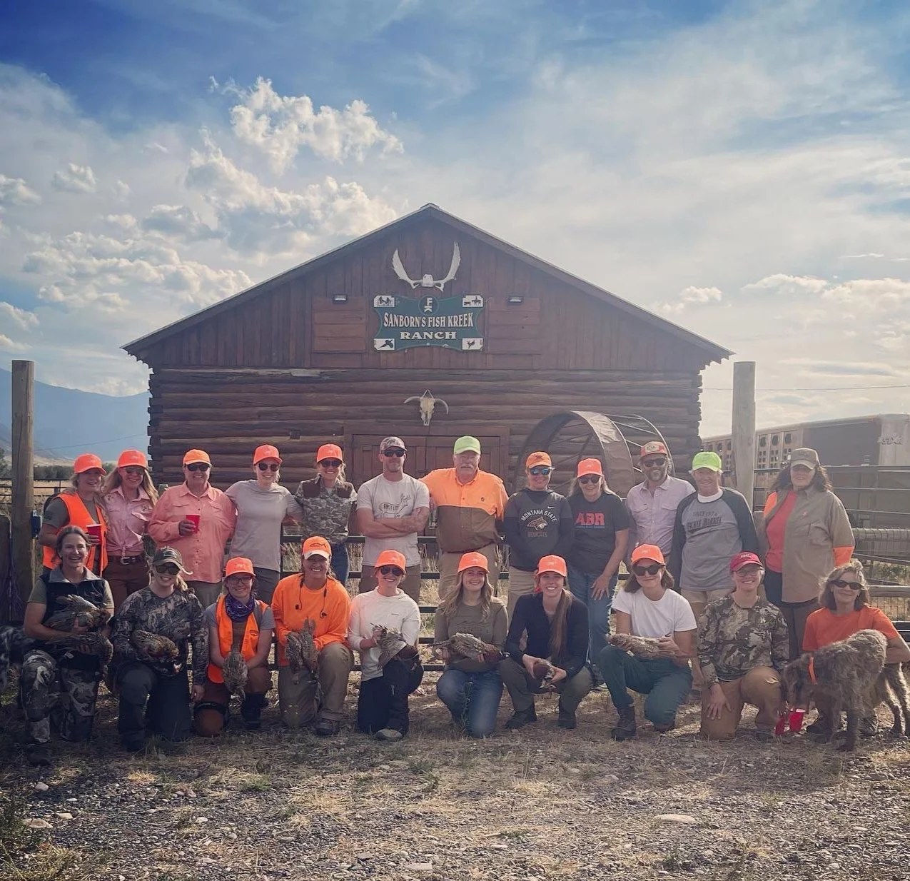 Group of hunters with their birds at Sanborn's Fish Kreek Ranch